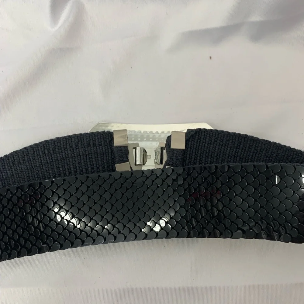 Silver Buckle Black Sequin Stretch‎ Elastic Belt 26” Like New